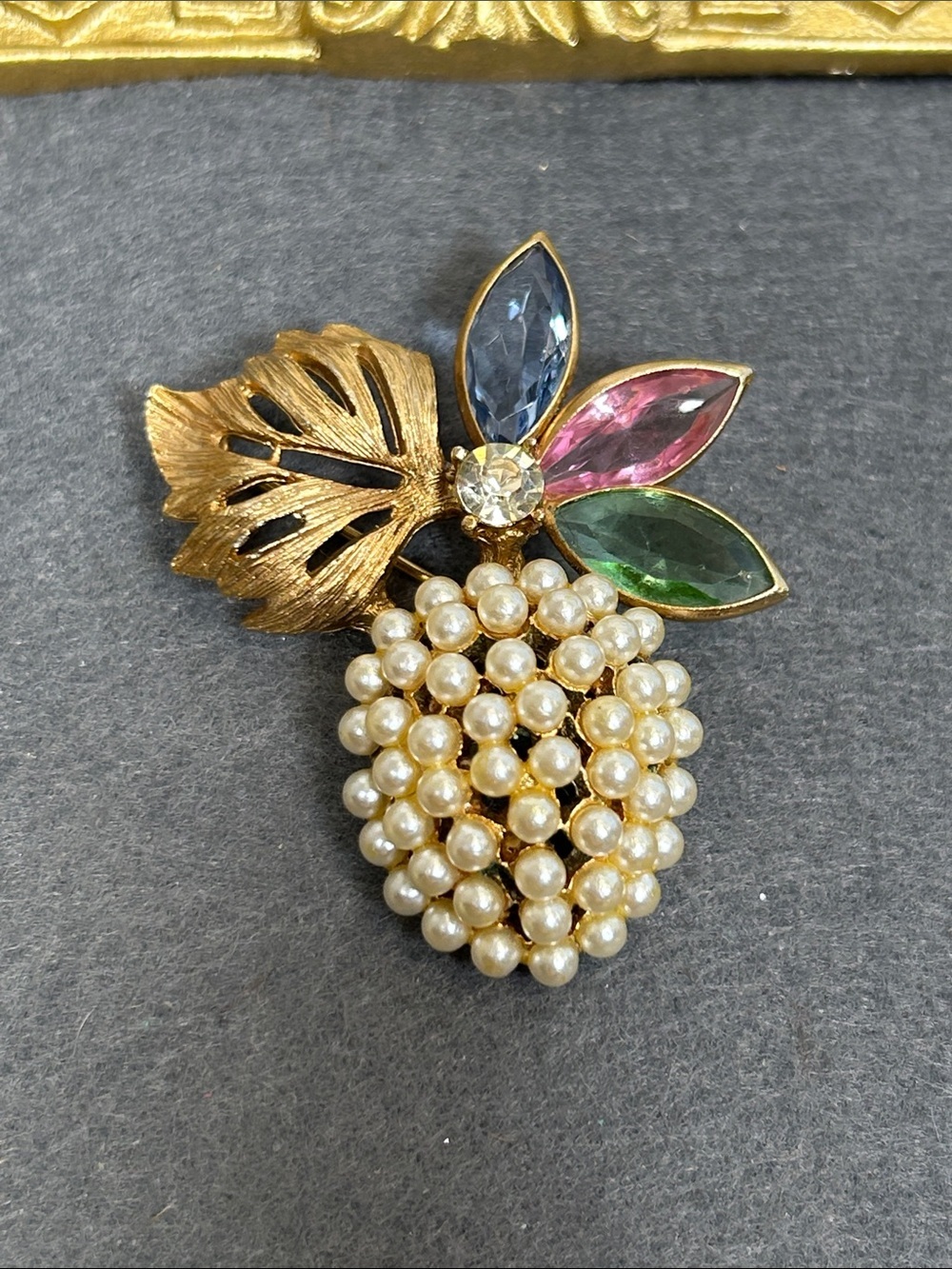Vintage BSk Gold-Tone Pearl Cluster Brooch with Multicolor Stones